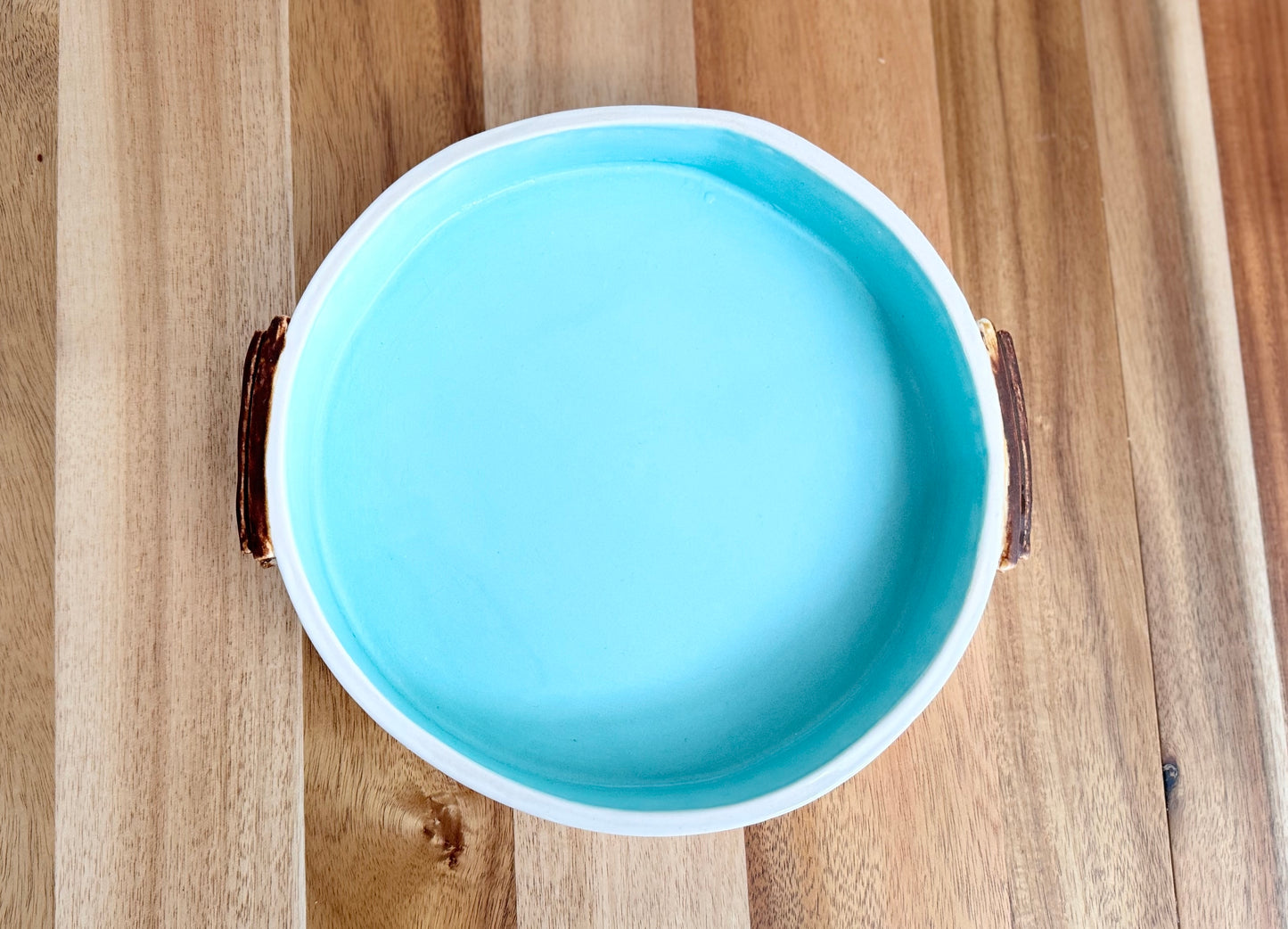 Large Light Turquoise Handcrafted Ceramic Serving Bowl with Handles