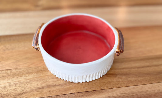 Small Red Handcrafted Ceramic Bowl with Handles
